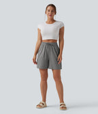 High Waisted Drawstring Casual Baggy Shorts 5'' with Pockets — Mottled Light Grey — view 7