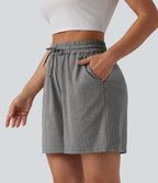 High Waisted Drawstring Casual Baggy Shorts 5'' with Pockets — Mottled Light Grey — view 6