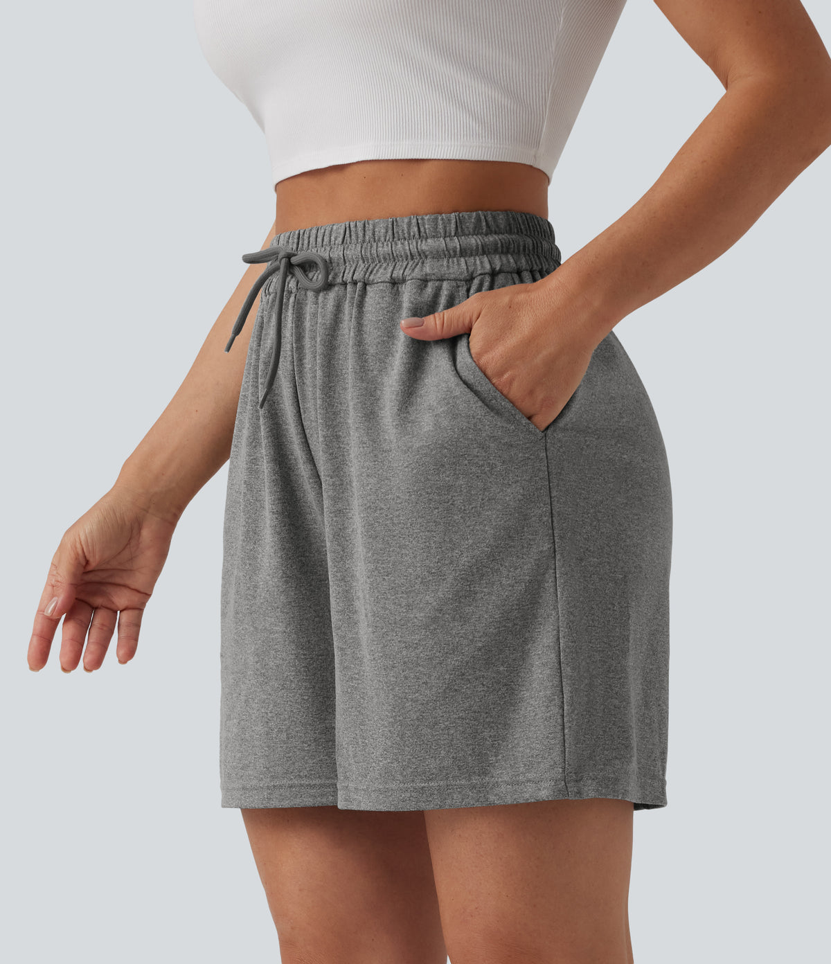 High Waisted Drawstring Casual Baggy Shorts 5'' with Pockets — Mottled Light Grey — view 6