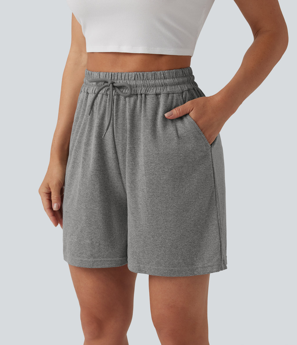 High Waisted Drawstring Casual Baggy Shorts 5'' with Pockets — Mottled Light Grey — view 4