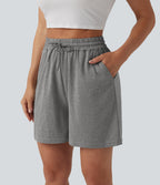 High Waisted Drawstring Casual Baggy Shorts 5'' with Pockets — Mottled Light Grey — view 4