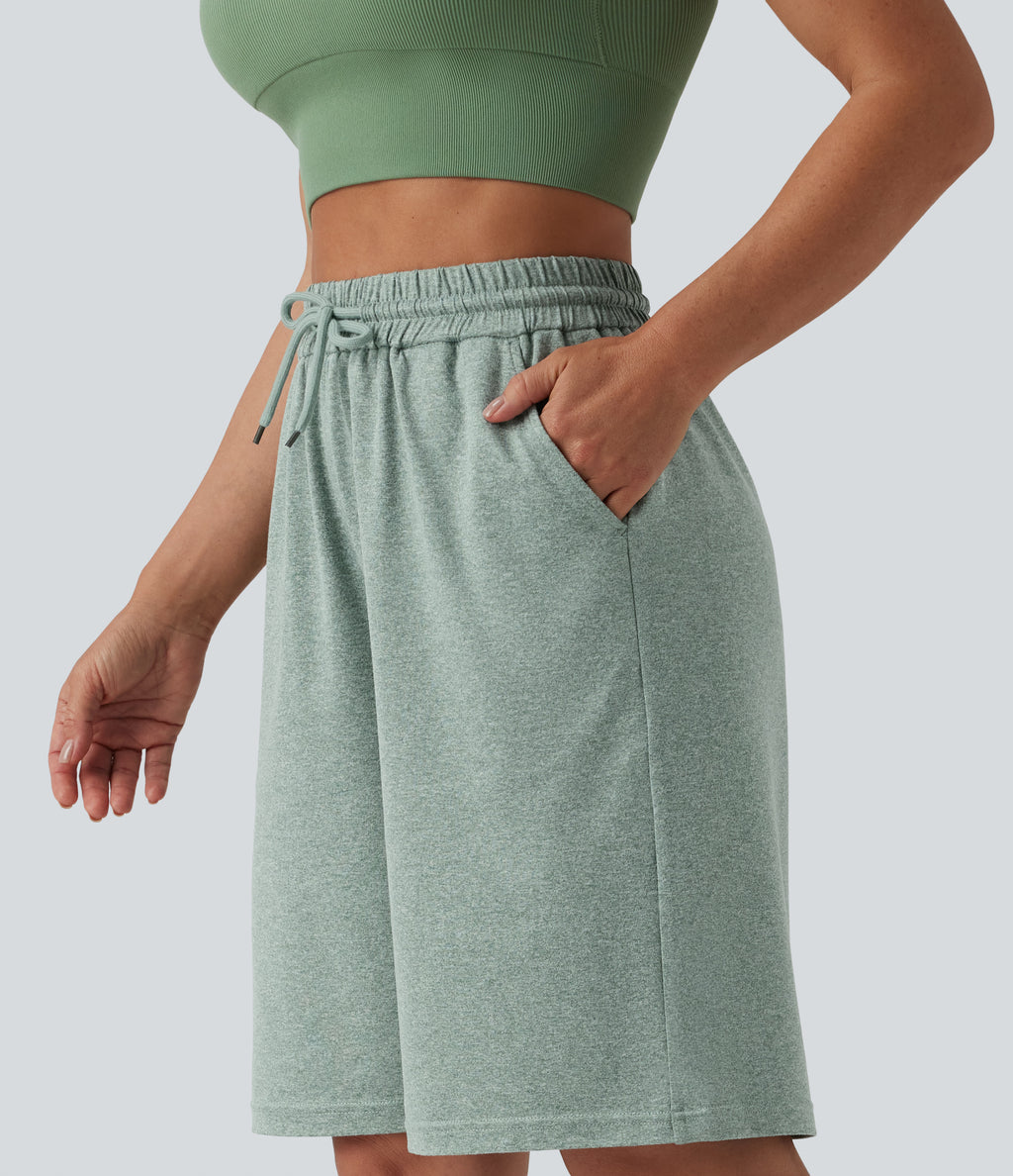 High Waisted Drawstring Casual Bermuda Shorts 9.5'' with Pockets — Mottled Green — view 5