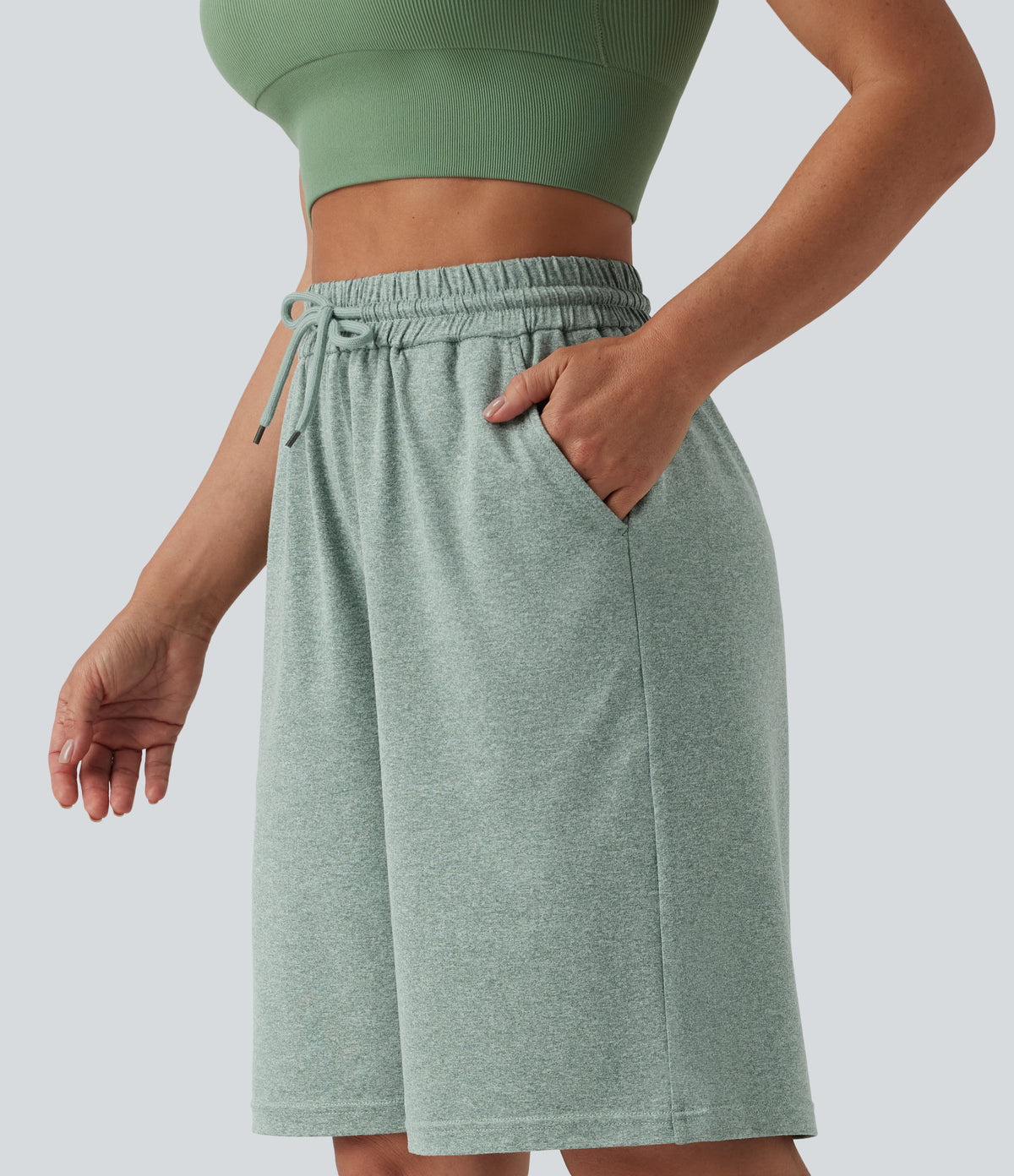 High Waisted Drawstring Casual Bermuda Shorts 9.5'' with Pockets — Mottled Green — view 5