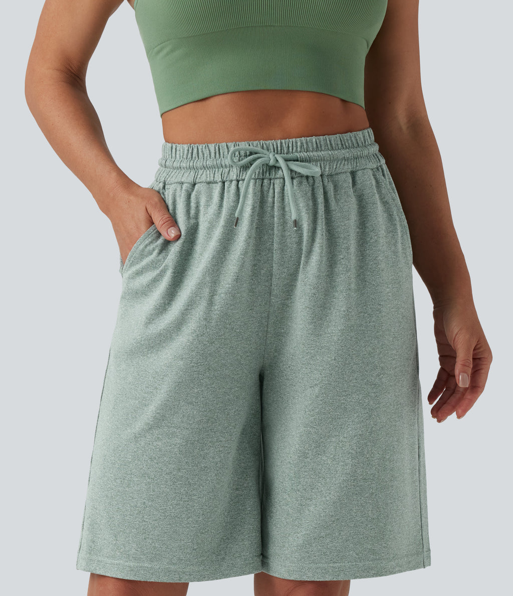 High Waisted Drawstring Casual Bermuda Shorts 9.5'' with Pockets — Mottled Green — view 1