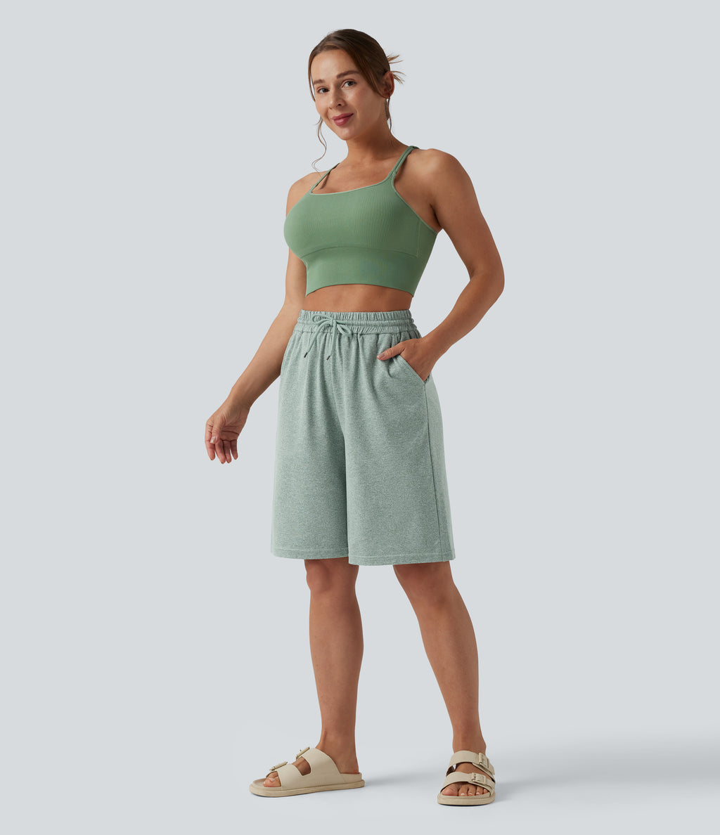 High Waisted Drawstring Casual Bermuda Shorts 9.5'' with Pockets — Mottled Green — view 6