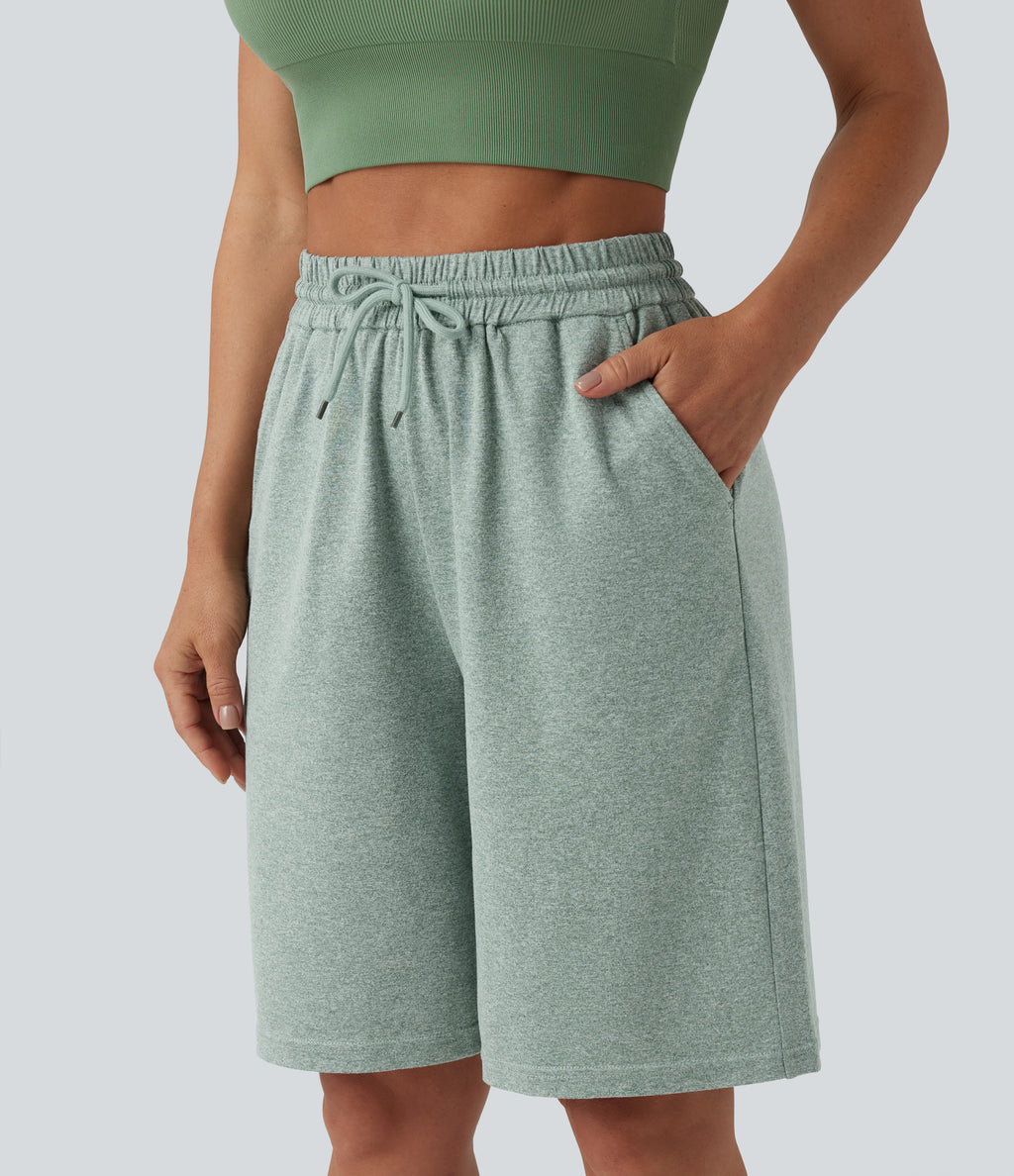 High Waisted Drawstring Casual Bermuda Shorts 9.5'' with Pockets — Mottled Green — view 3