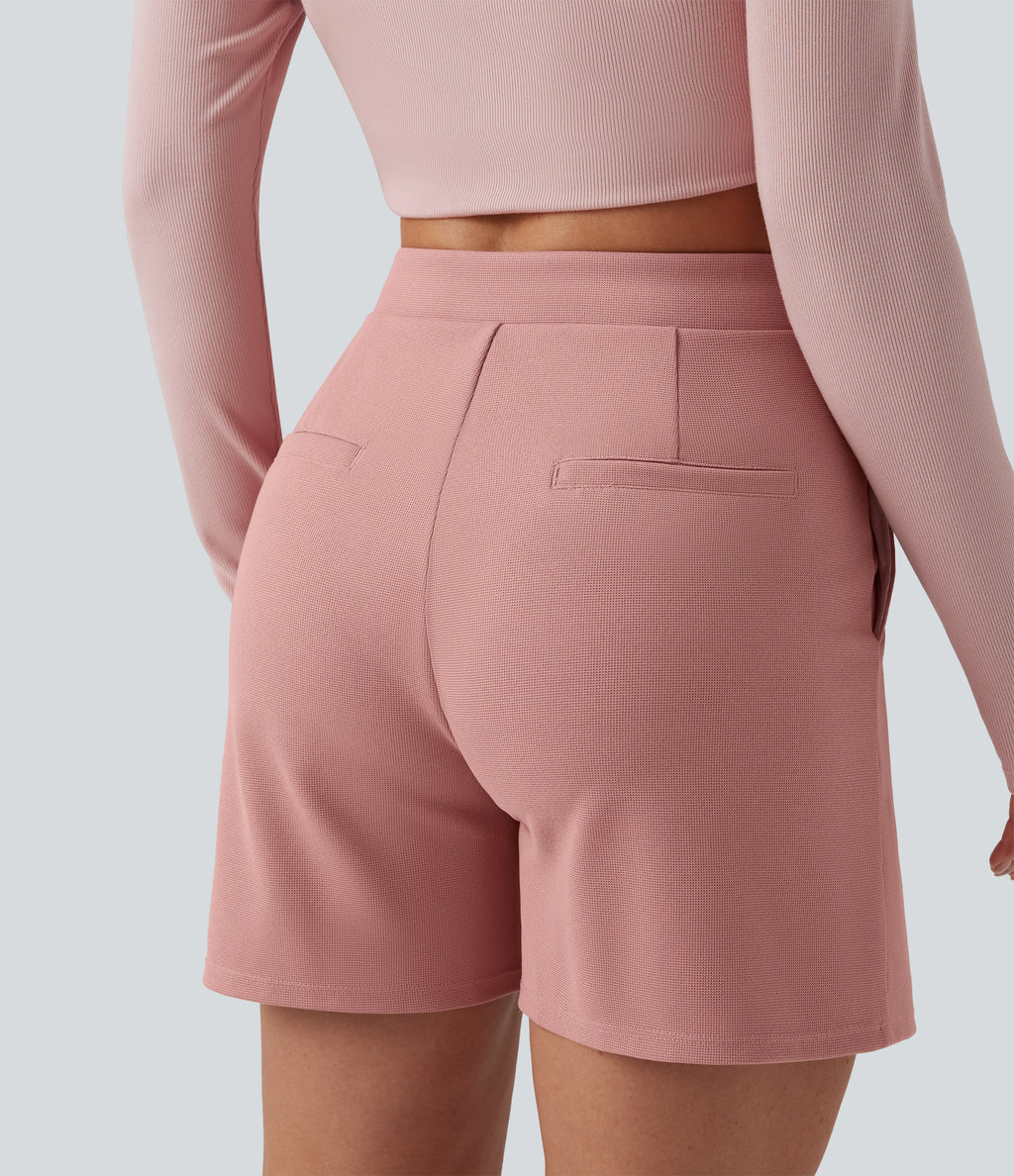 Asymmetric Mid Rise Waffle Work Baggy Shorts 5'' with Pockets — Rose Tan — view 6