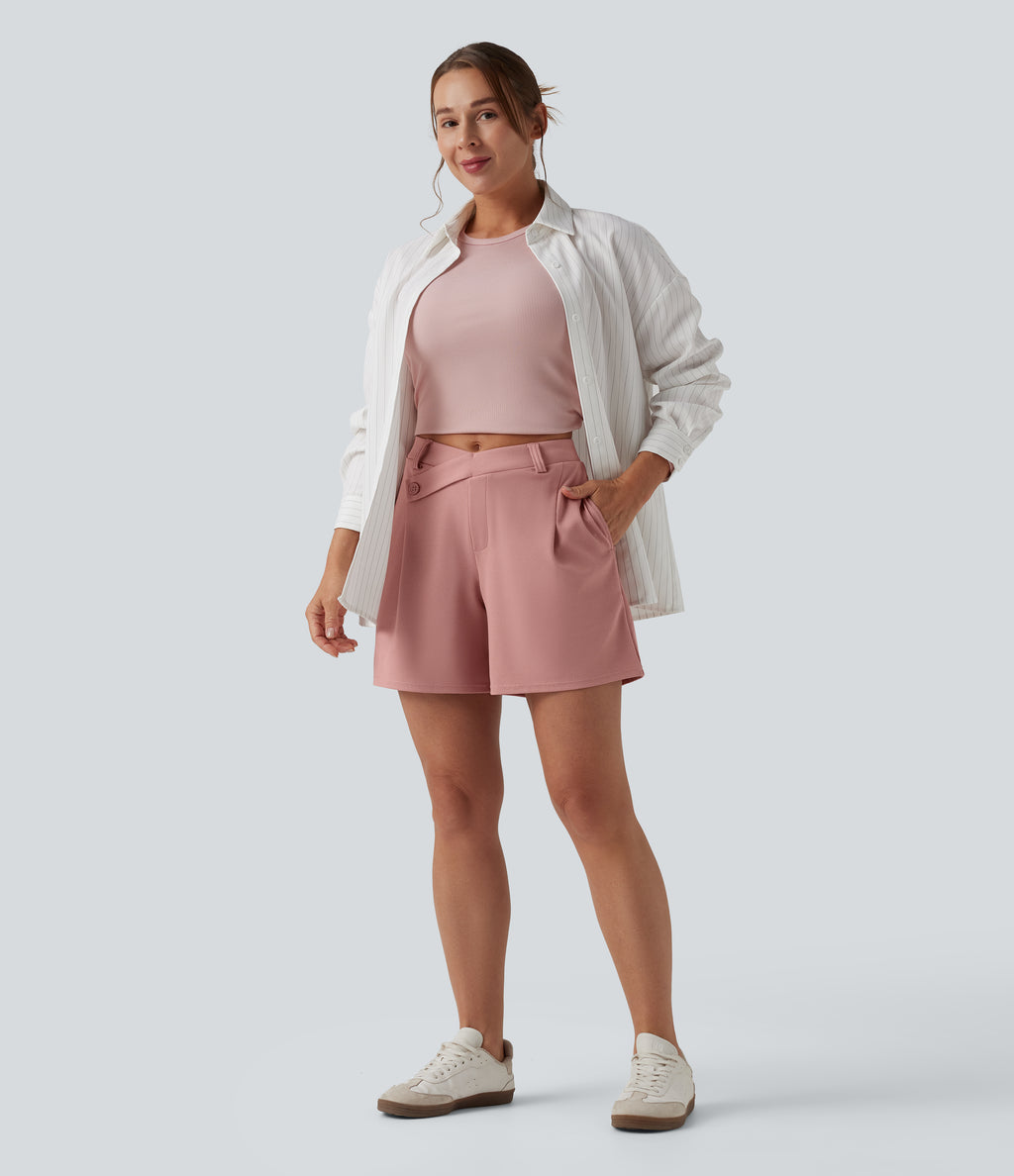 Asymmetric Mid Rise Waffle Work Baggy Shorts 5'' with Pockets — Rose Tan — view 7