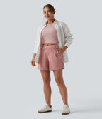 Asymmetric Mid Rise Waffle Work Baggy Shorts 5'' with Pockets — Rose Tan — view 7