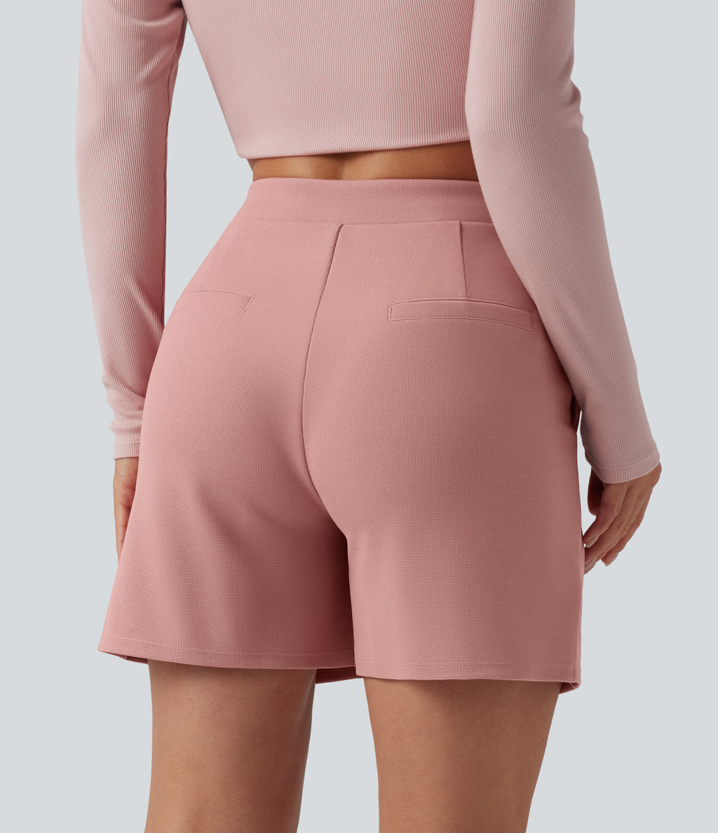 Asymmetric Mid Rise Waffle Work Baggy Shorts 5'' with Pockets — Rose Tan — view 3
