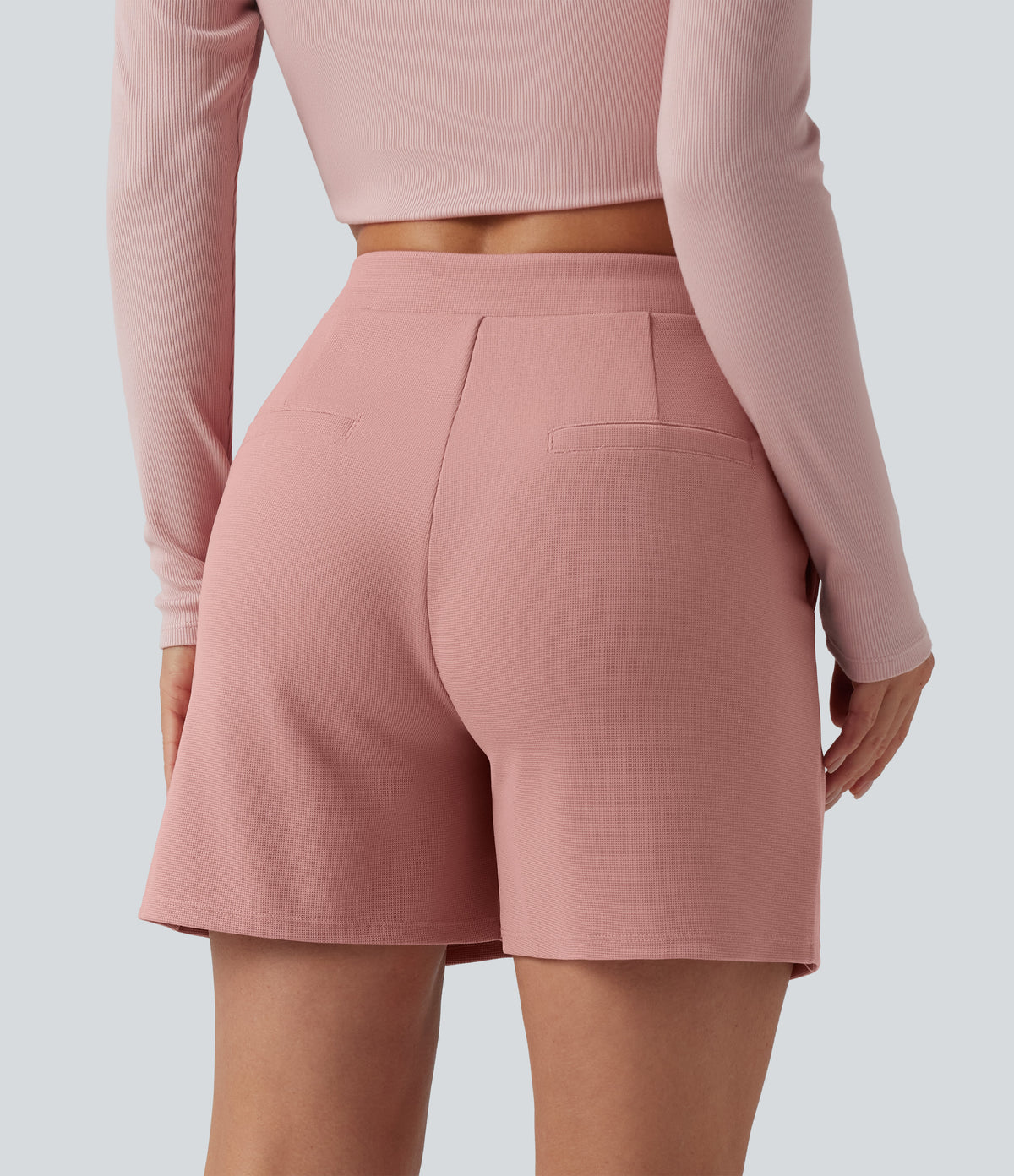 Asymmetric Mid Rise Waffle Work Baggy Shorts 5'' with Pockets — Rose Tan — view 3