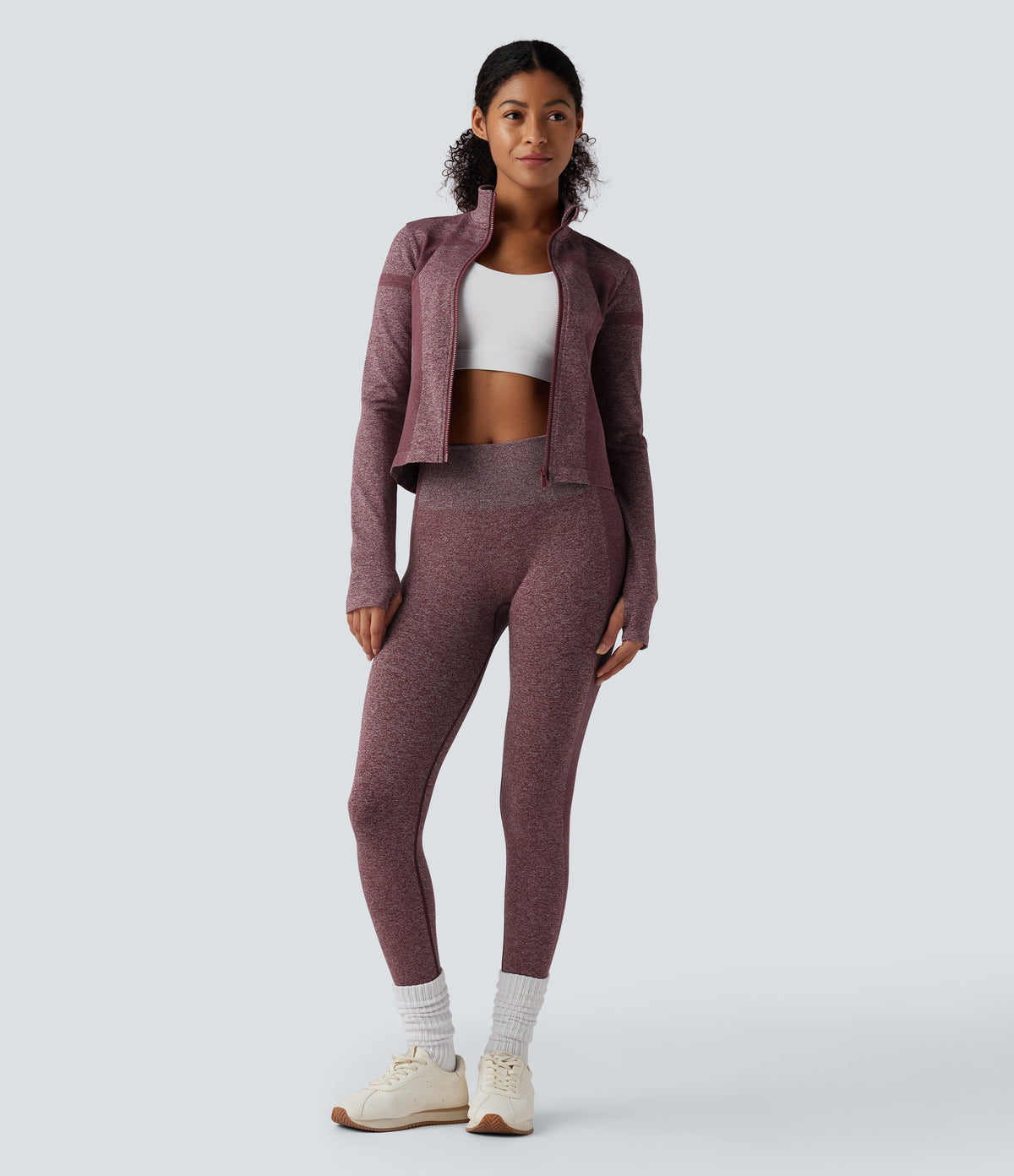 OneForm Seamless Flow Stand Collar Zipper Long Sleeve Thumb Hole Yoga Warming Jacket — Renaissance Rose — view 6
