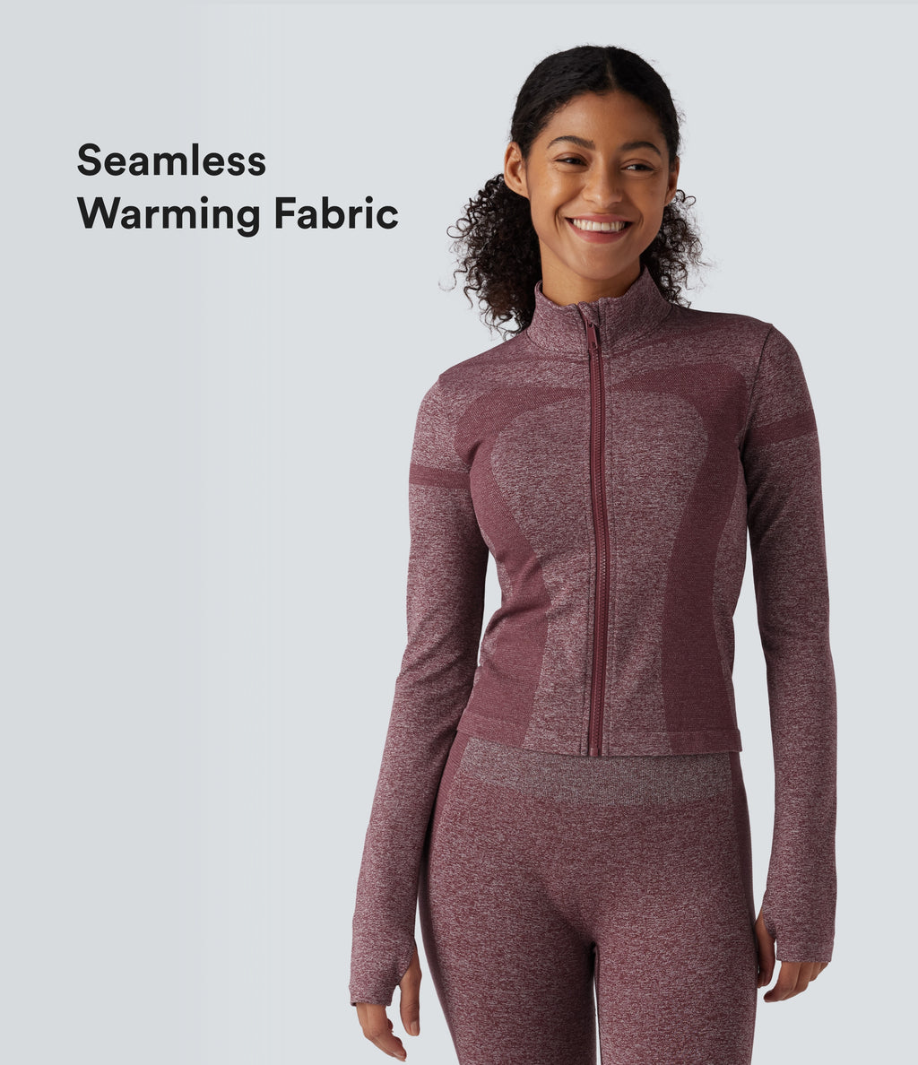 OneForm Seamless Flow Stand Collar Zipper Long Sleeve Thumb Hole Yoga Warming Jacket — Renaissance Rose — view 1
