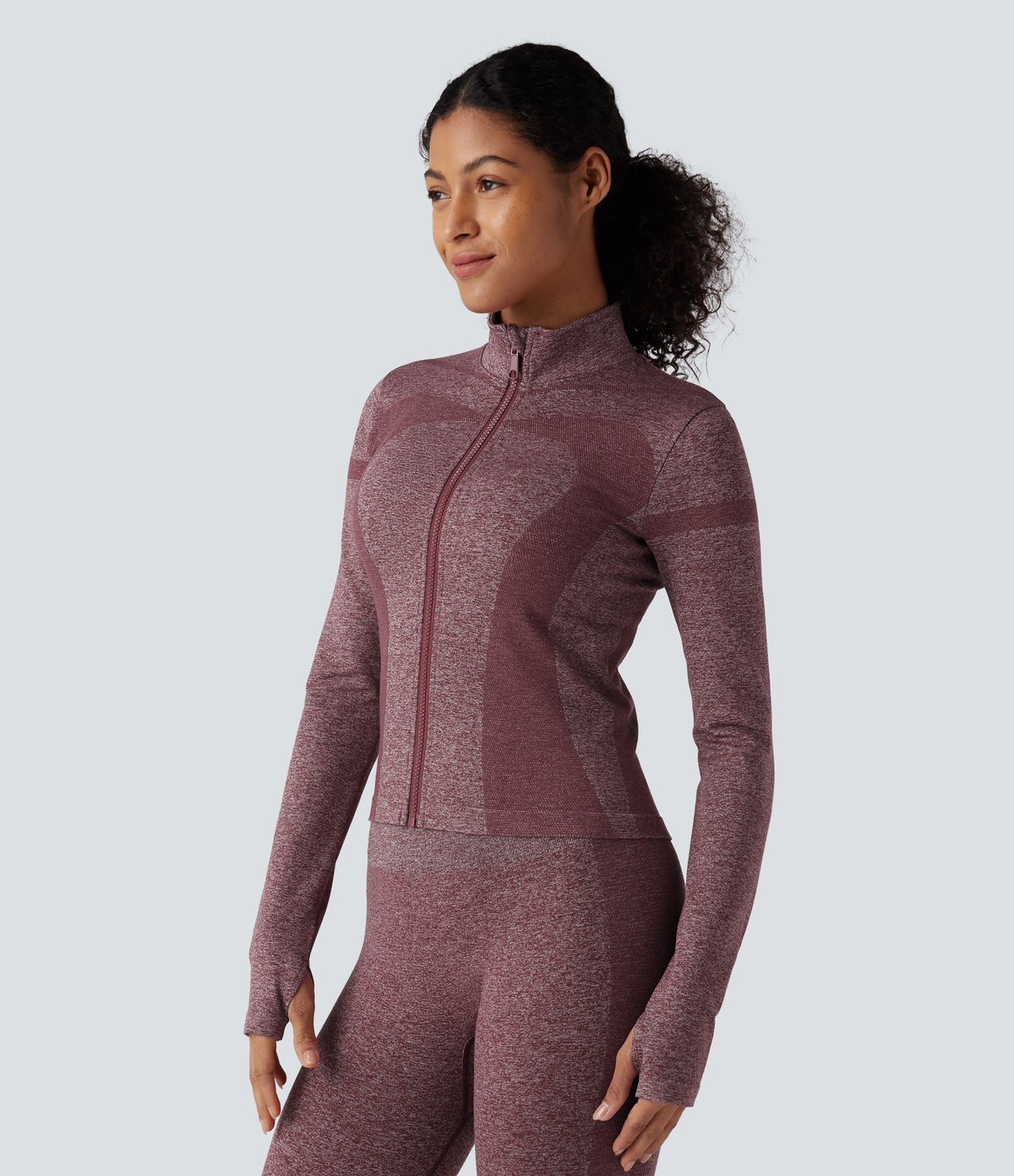 OneForm Seamless Flow Stand Collar Zipper Long Sleeve Thumb Hole Yoga Warming Jacket — Renaissance Rose — view 3