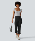 Mid Rise Split Cropped Work Bootcut Trousers with Pocket — Black — view 7