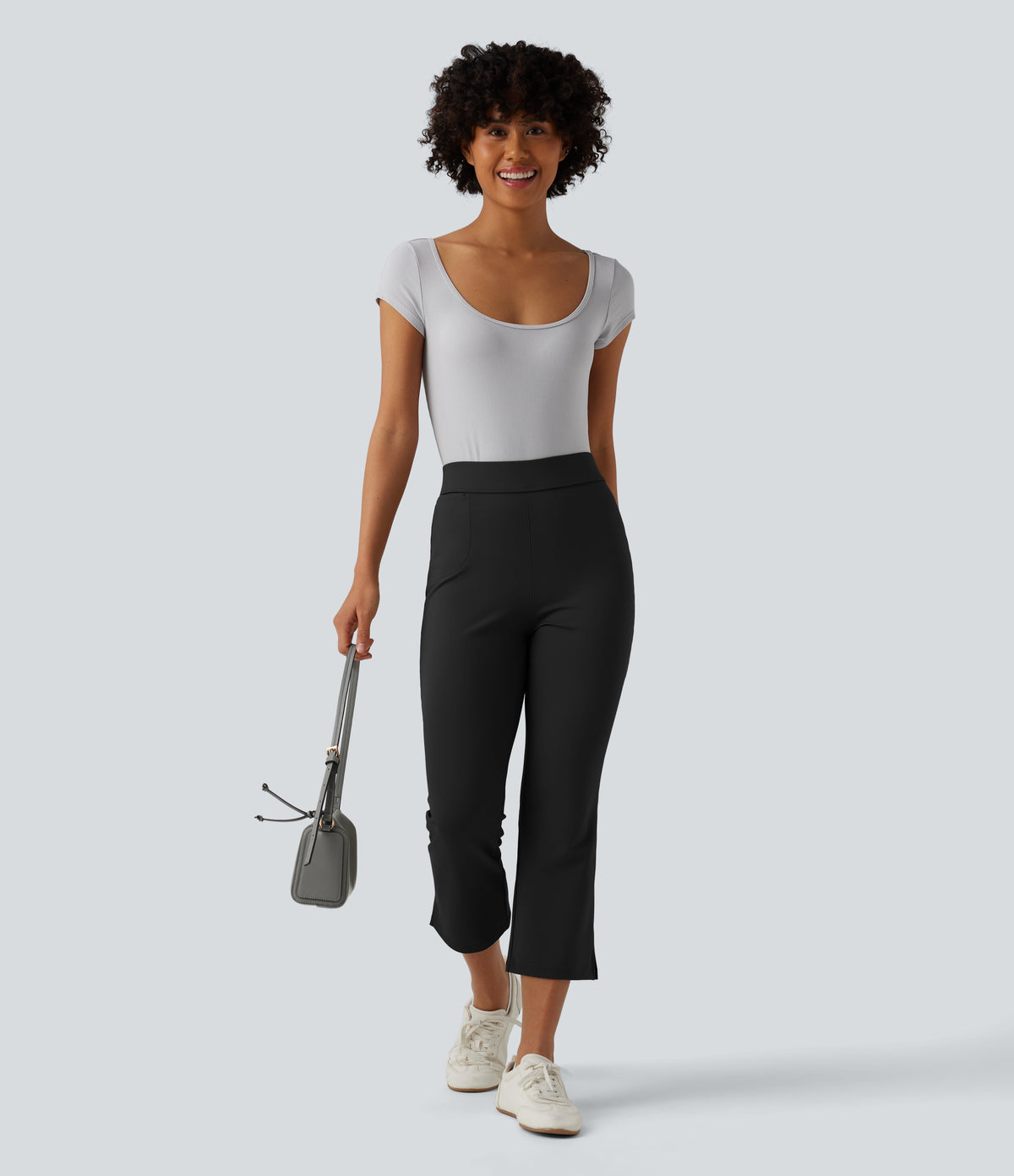 Mid Rise Split Cropped Work Bootcut Trousers with Pocket — Black — view 7