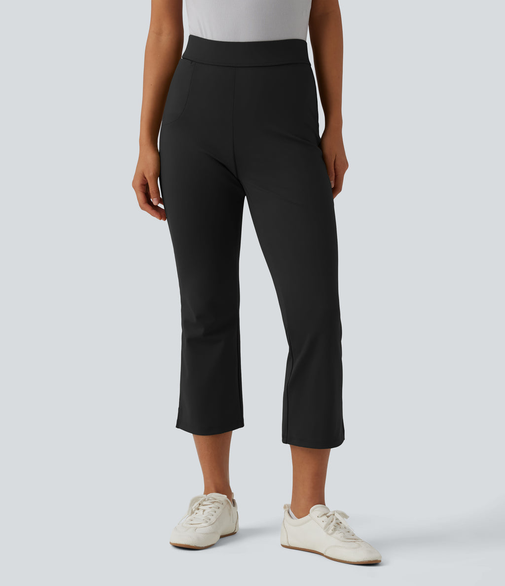 Mid Rise Split Cropped Work Bootcut Trousers with Pocket — Black — view 2