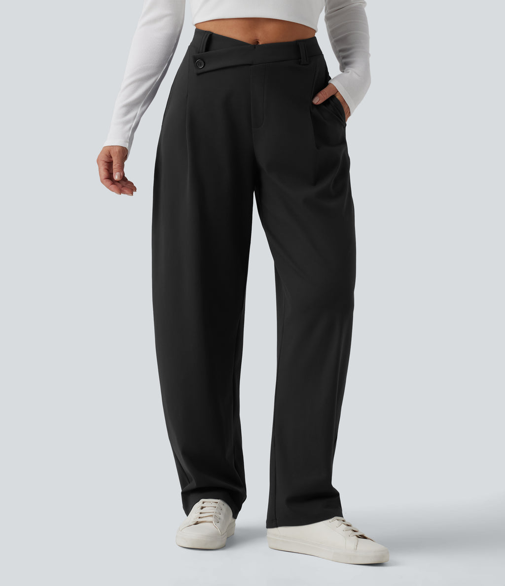 Asymmetric High Waisted Tapered Work Trousers with Pockets — Black — view 1