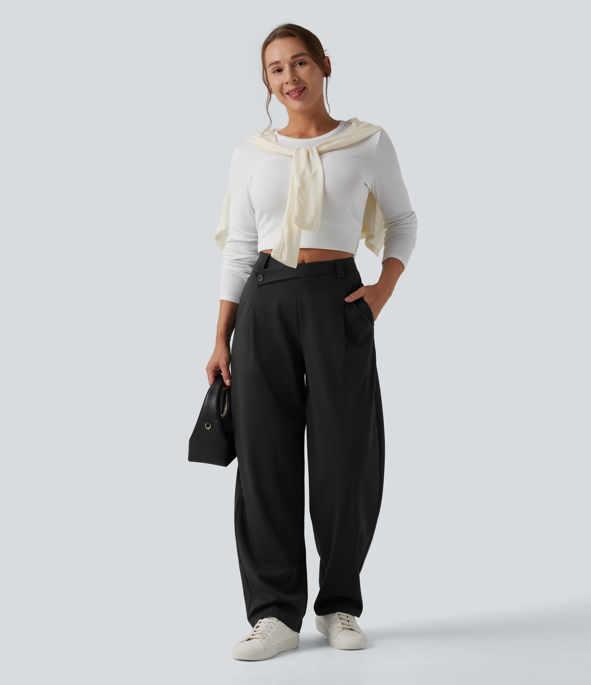 Asymmetric High Waisted Tapered Work Trousers with Pockets — Black — view 6