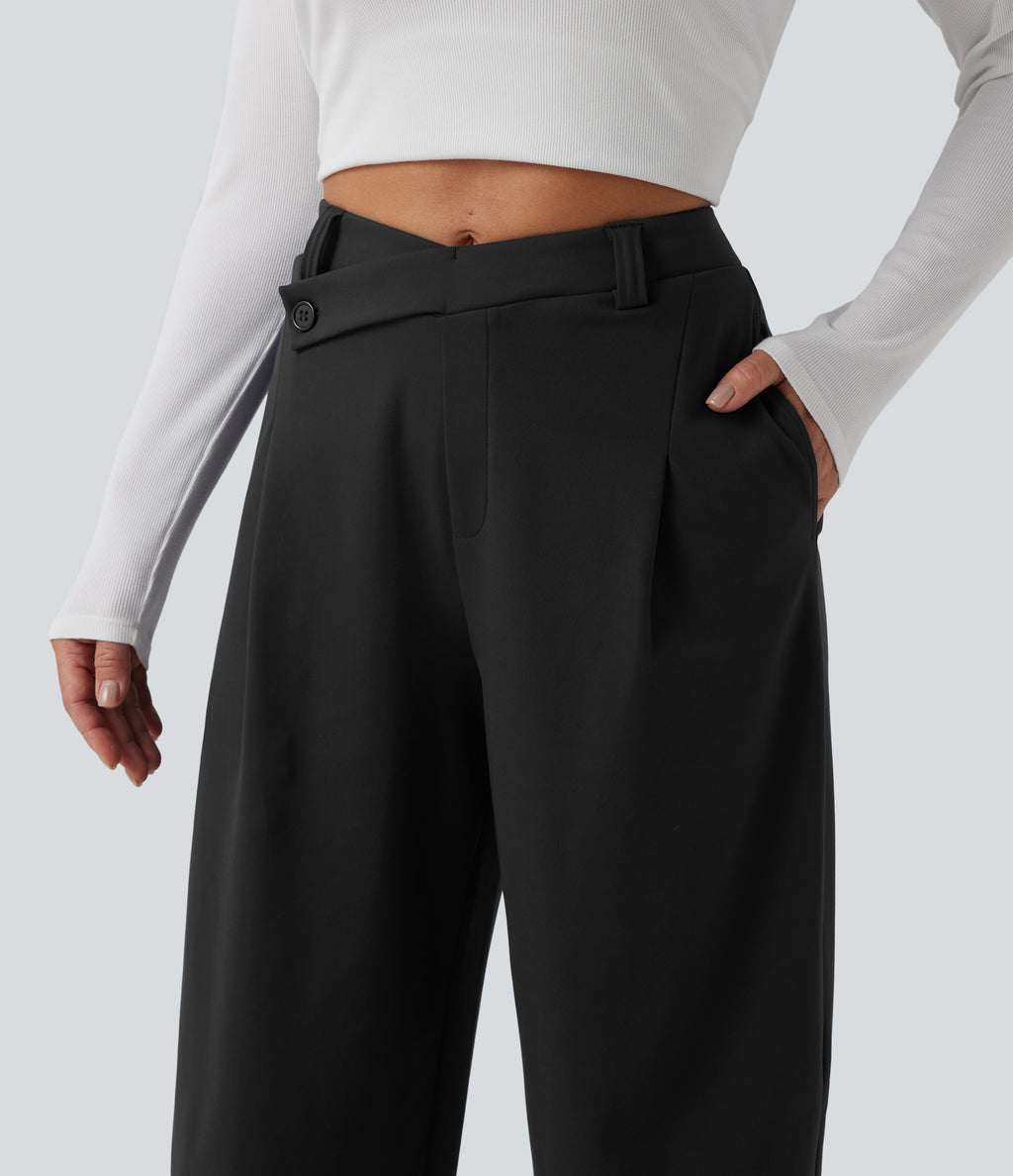 Asymmetric High Waisted Tapered Work Trousers with Pockets — Black — view 4
