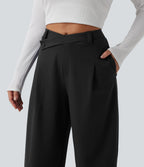 Asymmetric High Waisted Tapered Work Trousers with Pockets — Black — view 4