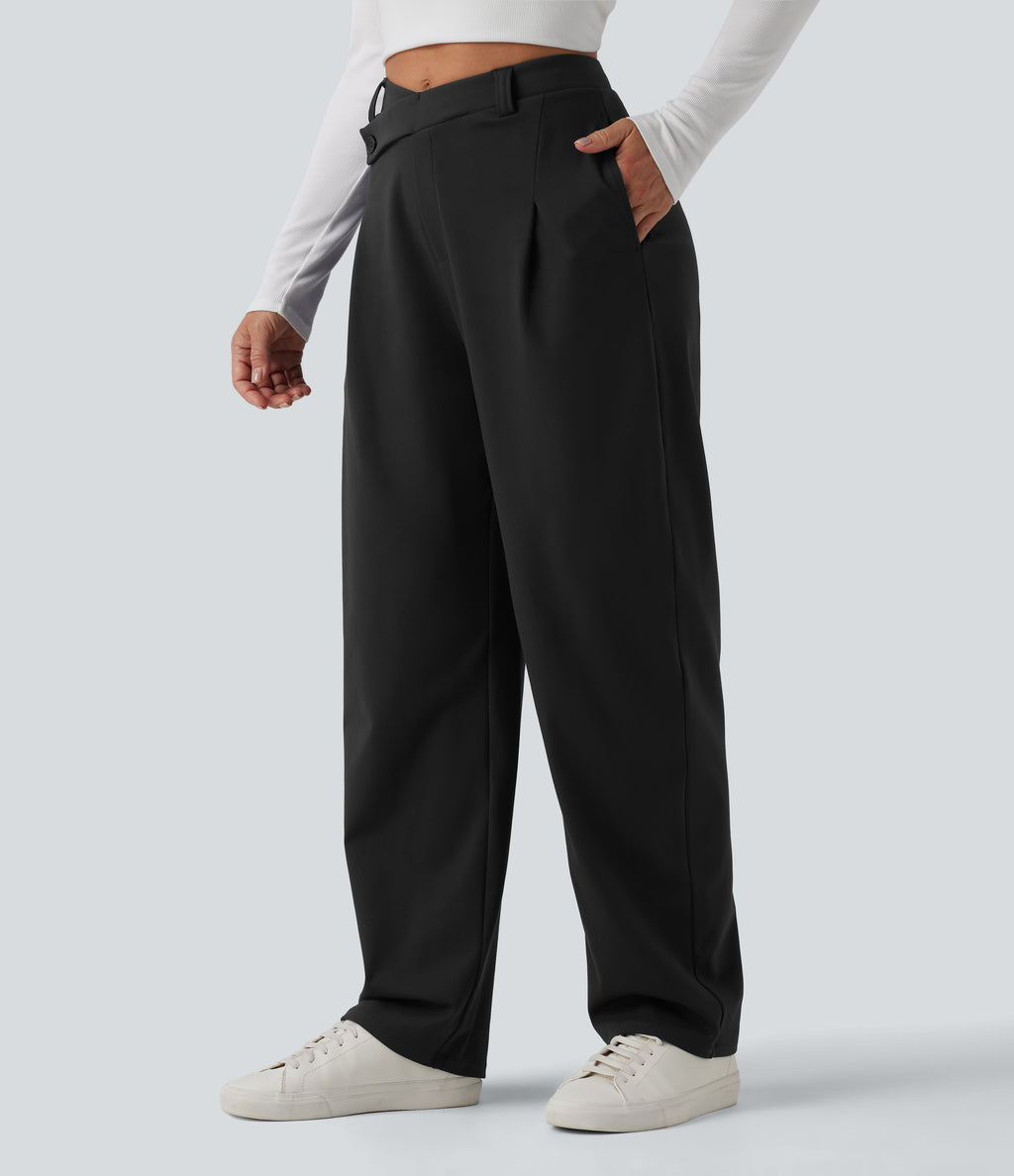 Asymmetric High Waisted Tapered Work Trousers with Pockets — Black — view 3