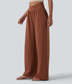 Airy Crossover High Waisted InstantCool Casual Baggy Trousers with Pockets — Sequoia — view 3