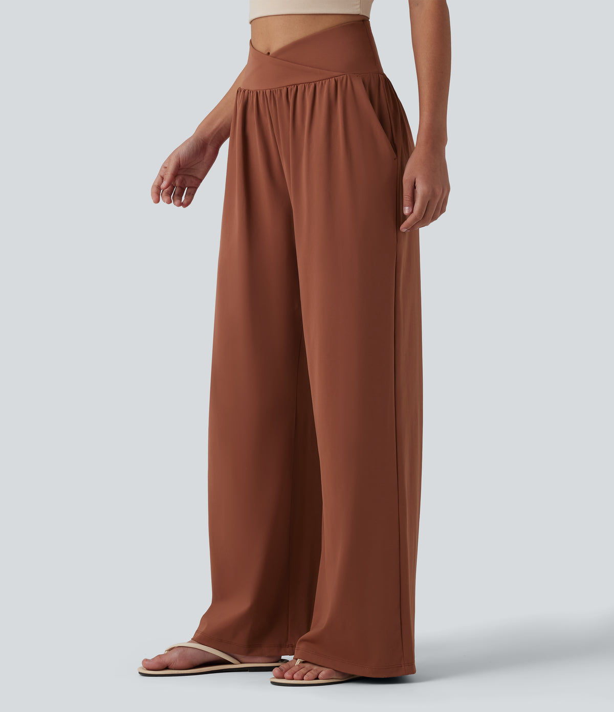 Airy Crossover High Waisted InstantCool Casual Baggy Trousers with Pockets — Sequoia — view 3