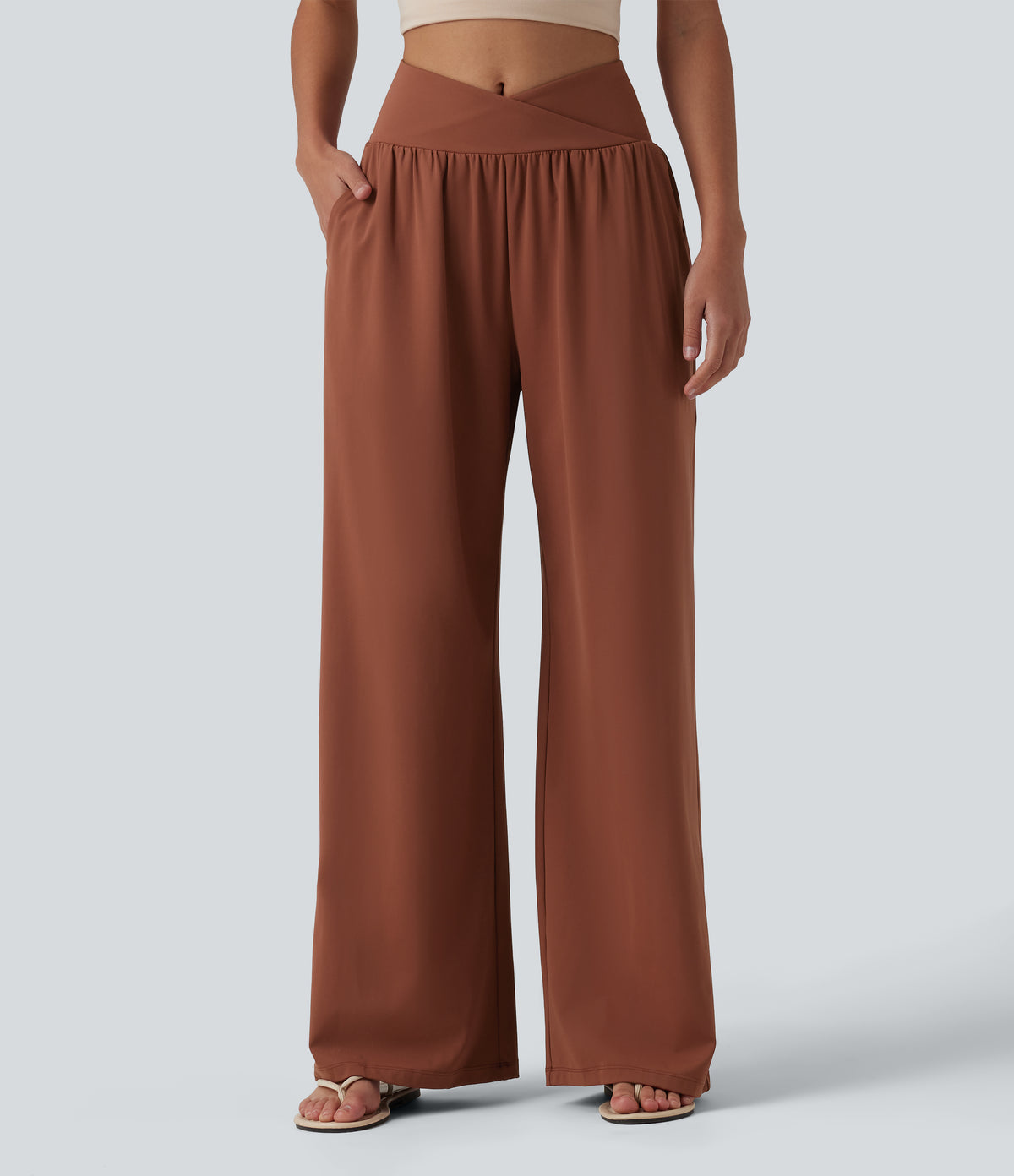 Airy Crossover High Waisted InstantCool Casual Baggy Trousers with Pockets — Sequoia — view 1