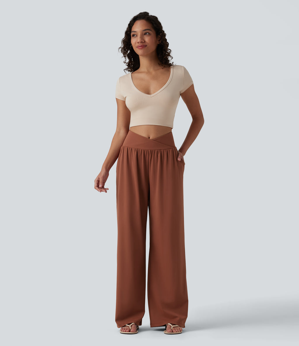 Airy Crossover High Waisted InstantCool Casual Baggy Trousers with Pockets — Sequoia — view 6