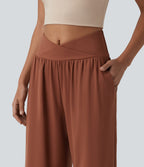 Airy Crossover High Waisted InstantCool Casual Baggy Trousers with Pockets — Sequoia — view 4