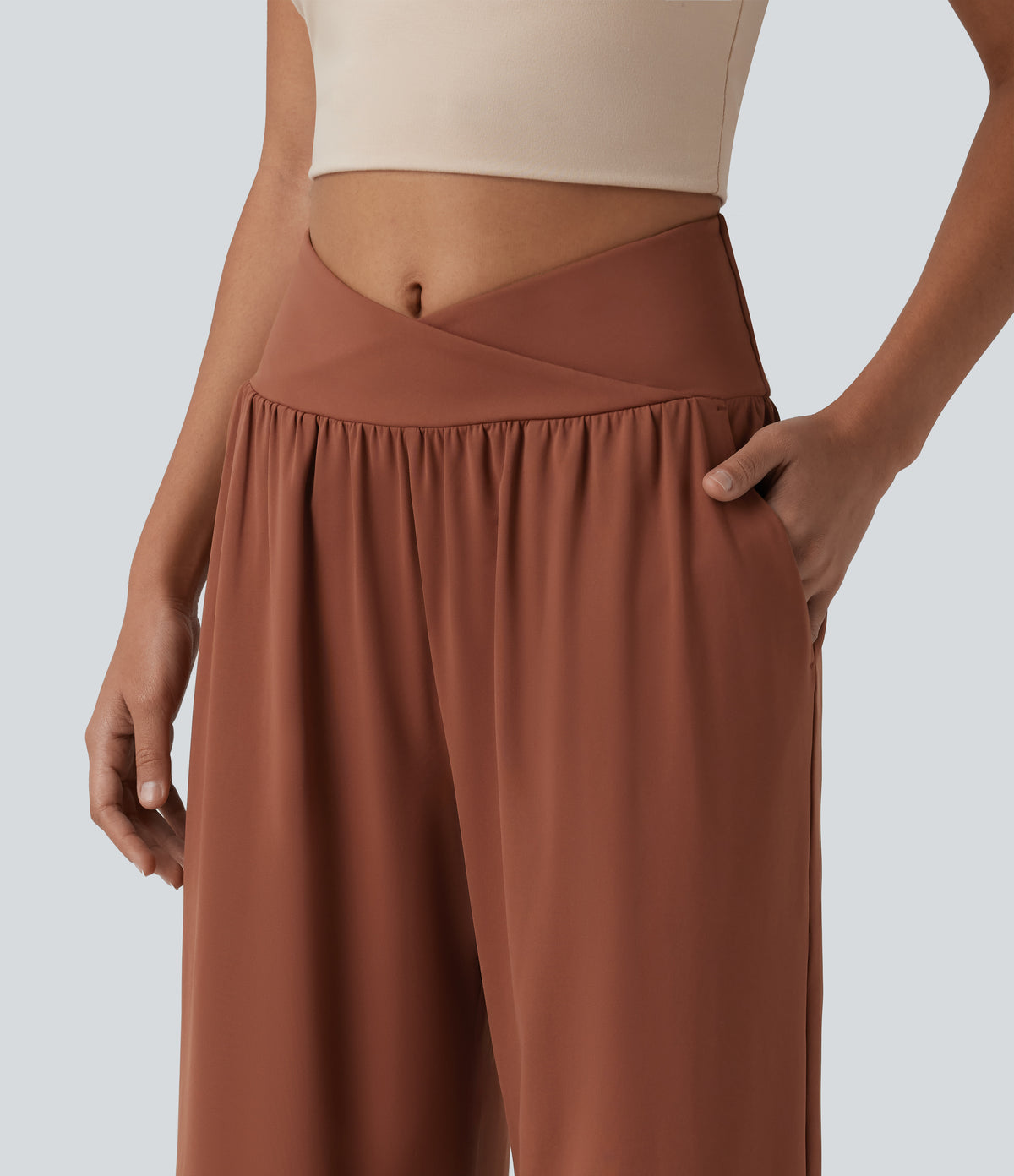Airy Crossover High Waisted InstantCool Casual Baggy Trousers with Pockets — Sequoia — view 4