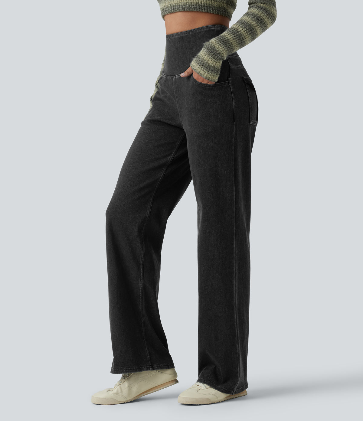 High Waisted Tummy Control Straight Leg Casual Jeans with Pockets — Phantom Denim — view 3
