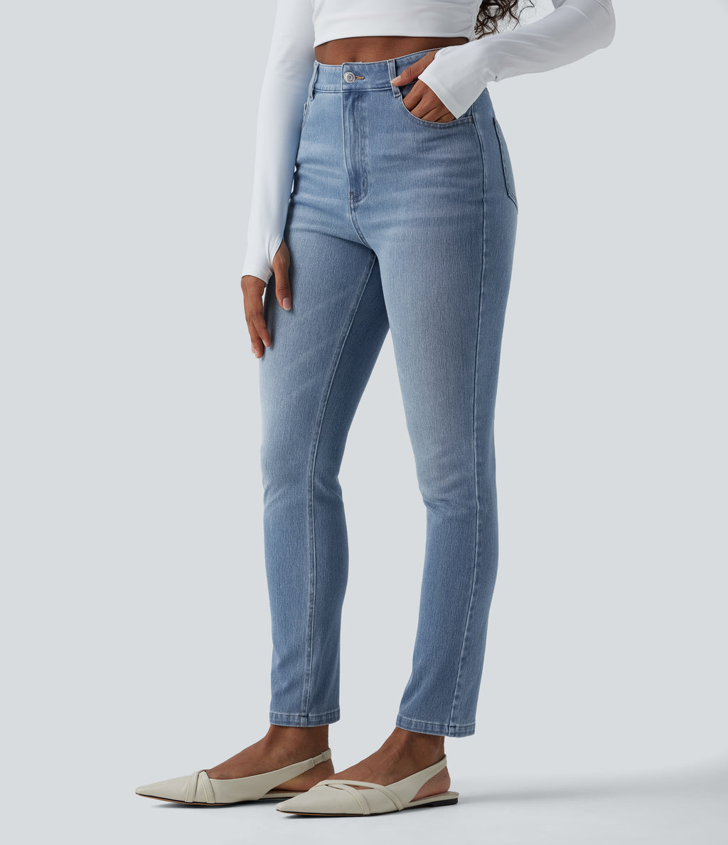 High Waisted Slim Washed Casual Jeans with Pockets — Malibu Blue Denim — view 3
