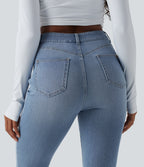 High Waisted Slim Washed Casual Jeans with Pockets — Malibu Blue Denim — view 5