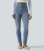 High Waisted Slim Washed Casual Jeans with Pockets — Malibu Blue Denim — view 1