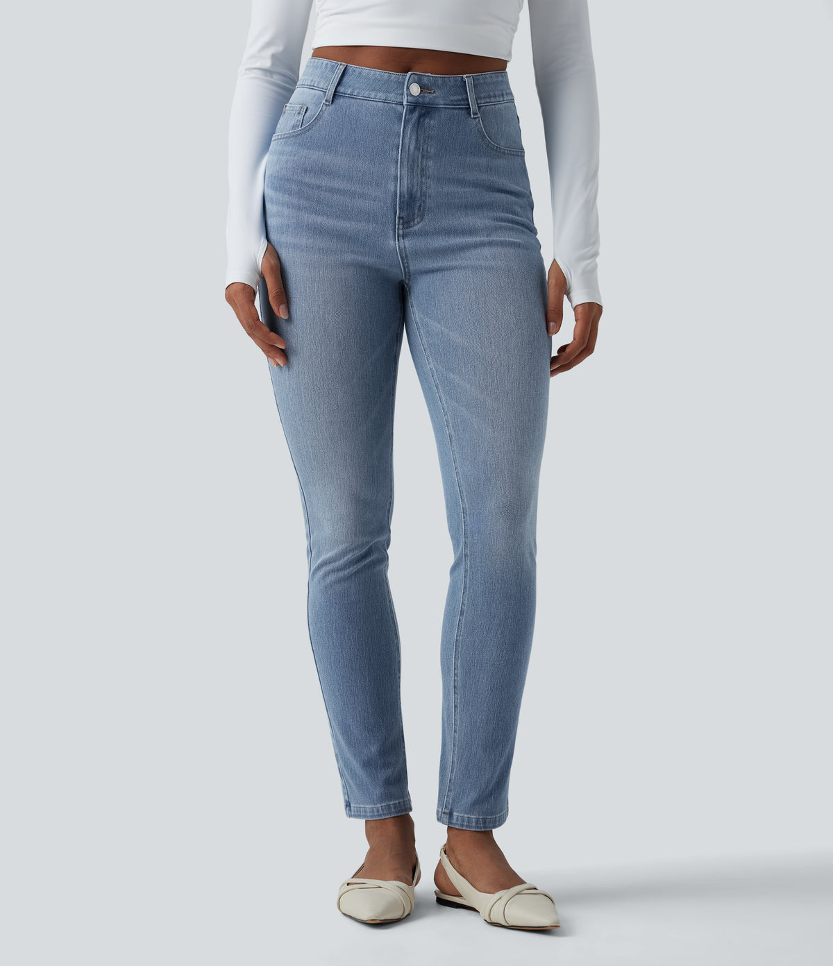 High Waisted Slim Washed Casual Jeans with Pockets — Malibu Blue Denim — view 1