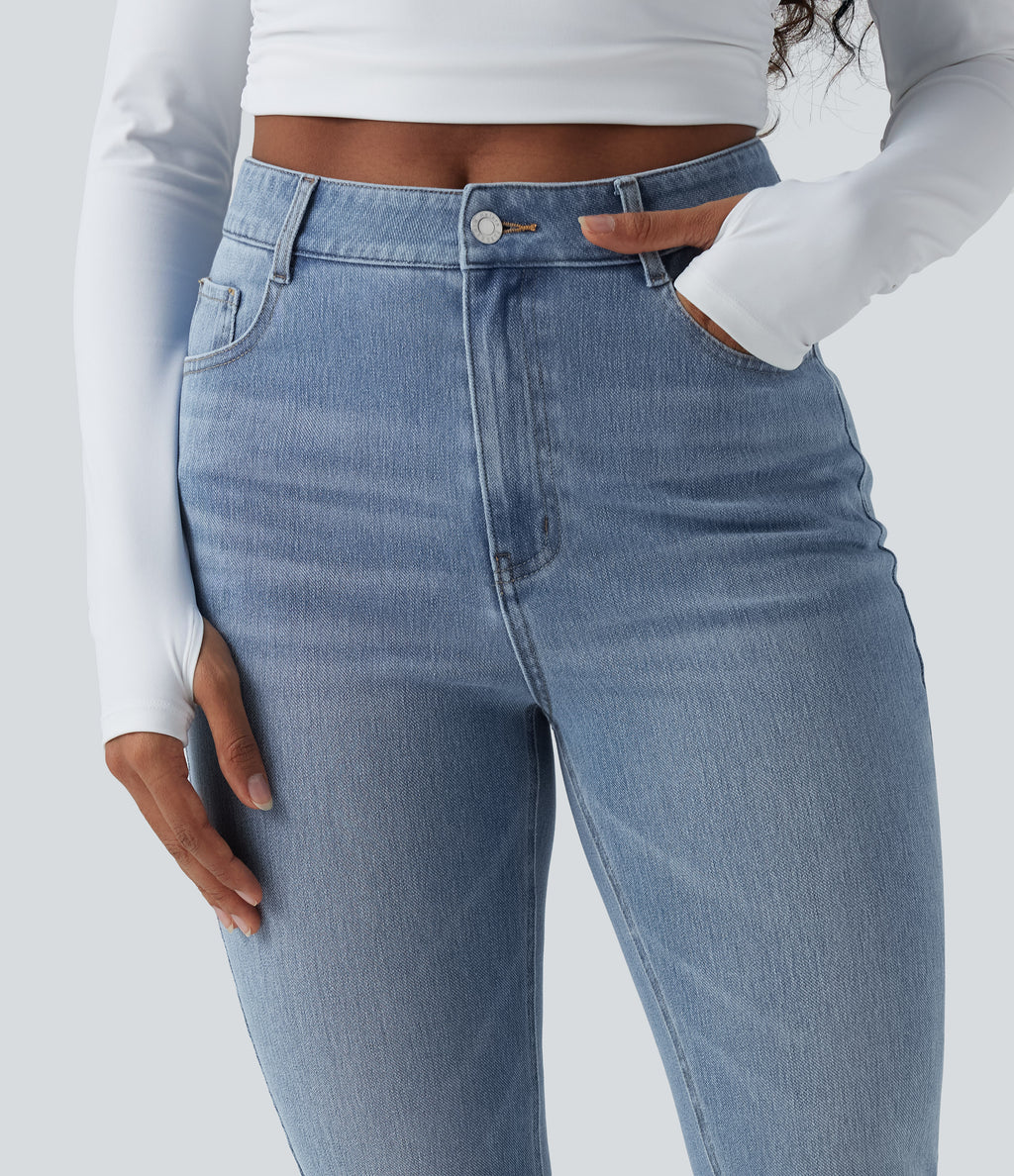 High Waisted Slim Washed Casual Jeans with Pockets — Malibu Blue Denim — view 4