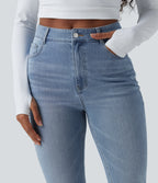High Waisted Slim Washed Casual Jeans with Pockets — Malibu Blue Denim — view 4