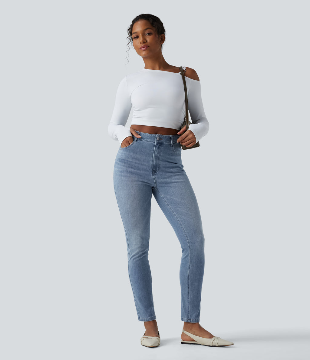 High Waisted Slim Washed Casual Jeans with Pockets — Malibu Blue Denim — view 6