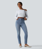High Waisted Slim Washed Casual Jeans with Pockets — Malibu Blue Denim — view 6