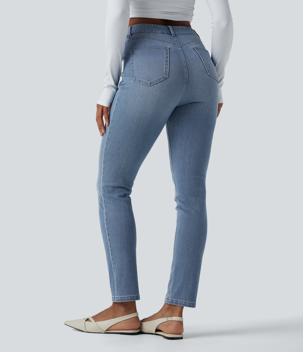 High Waisted Slim Washed Casual Jeans with Pockets — Malibu Blue Denim — view 2