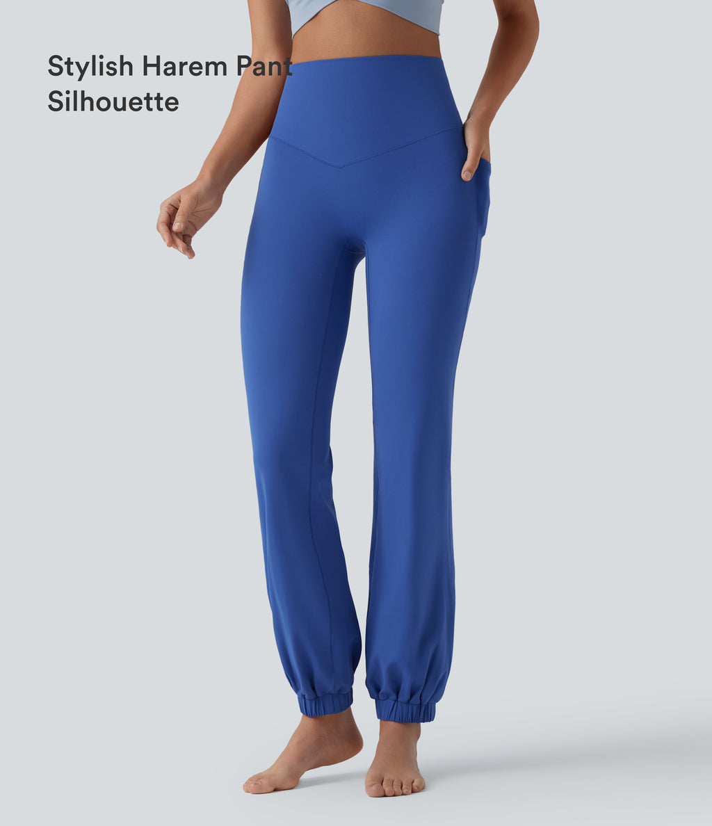 High Waisted Tummy Control Dance Balloon Joggers with Pockets — Beaucoup Blue — view 5