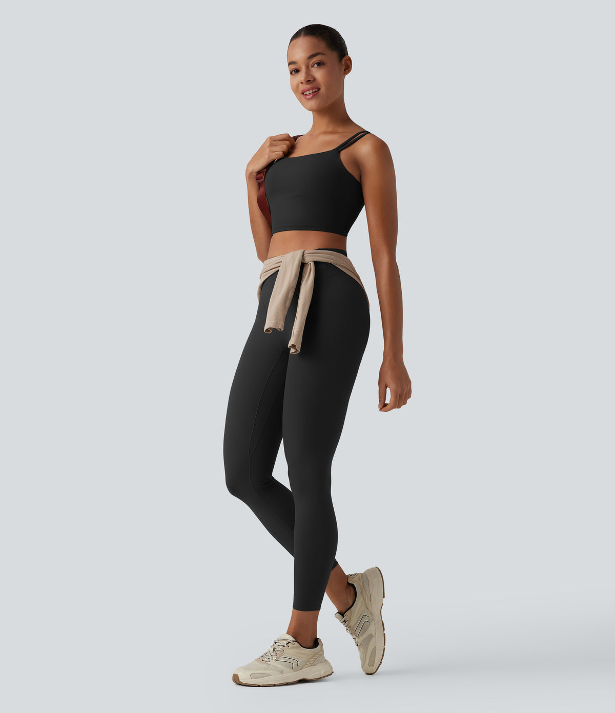 High Waisted Thong Seam Design Yoga 7/8 Leggings with Back Pocket — Black — view 7