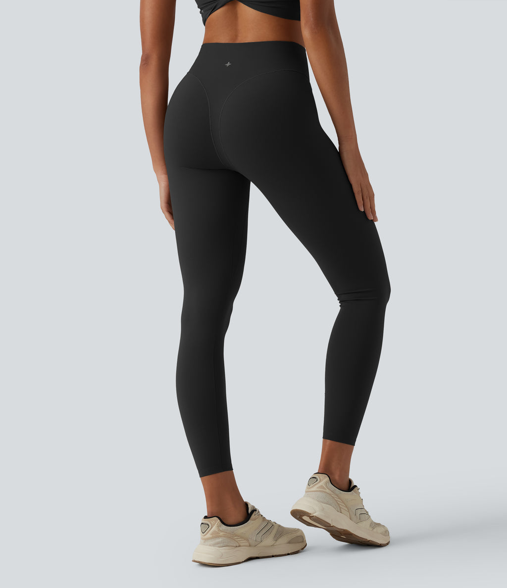 High Waisted Thong Seam Design Yoga 7/8 Leggings with Back Pocket — Black — view 2