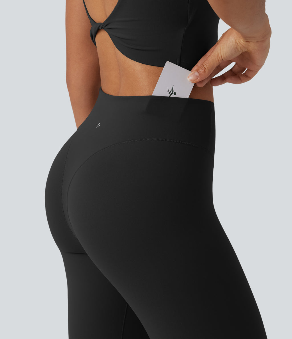 High Waisted Thong Seam Design Yoga 7/8 Leggings with Back Pocket — Black — view 6
