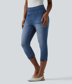 High Waisted Rolled Hem Capri Casual Skinny Jeans with Pockets — Tide Blue Denim — view 1