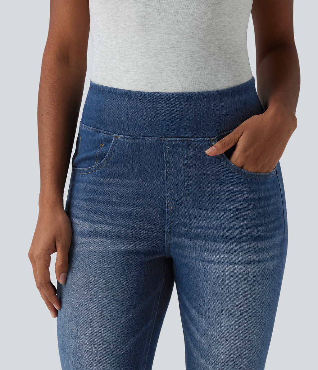 High Waisted Rolled Hem Capri Casual Skinny Jeans with Pockets — Tide Blue Denim — view 4