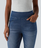 High Waisted Rolled Hem Capri Casual Skinny Jeans with Pockets — Tide Blue Denim — view 4