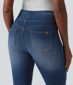 High Waisted Rolled Hem Capri Casual Skinny Jeans with Pockets — Tide Blue Denim — view 5